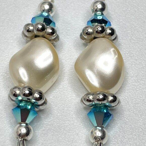 Artisan Made With Swarovski Crystal Pearl Teal Blue Beaded Dangle Earrings - Picture 2 of 6